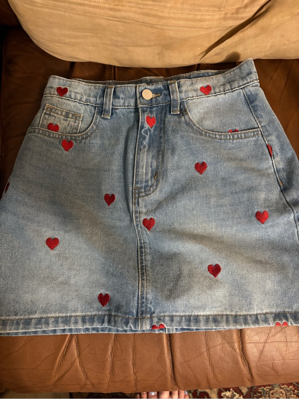 Cider Light Blue Denim Mini Skirt with Red Heart Embroidery